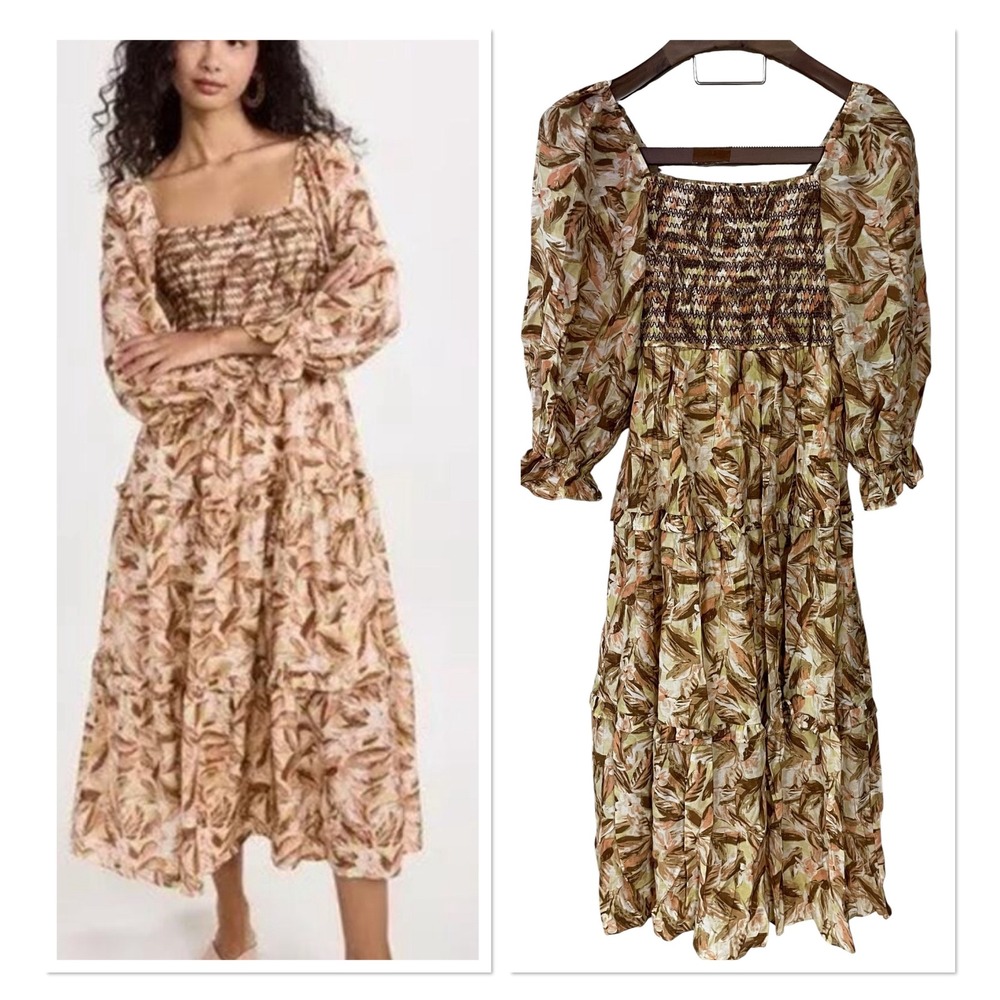 Moon River Leaf Print Smocked Tiered Midi Dress Puff Sleeve Brown Cottage XS NEW